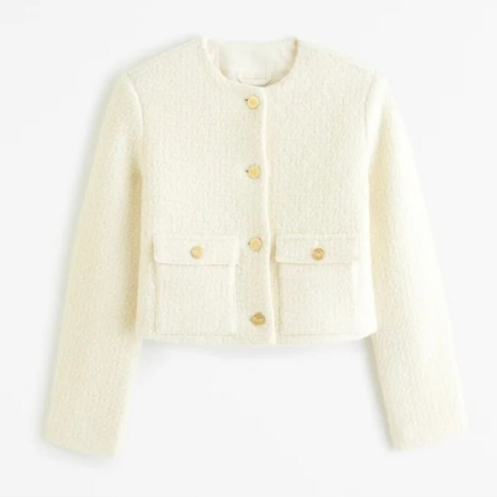 Abercrombie & Fitch Boucle Cream Collarless Jacket